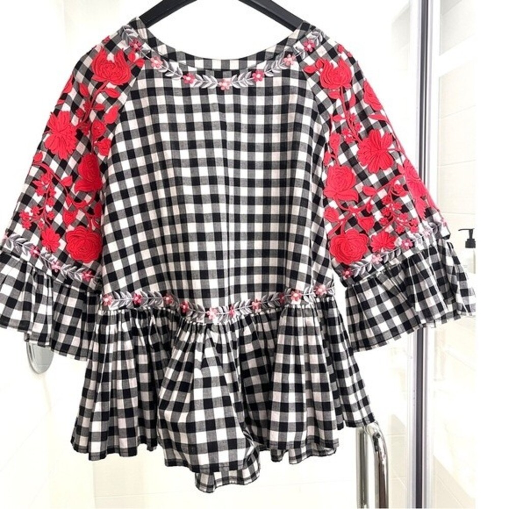 Anthropologie Pankaj and Nidhi Gingham Check Applique Cotton Top S NWOT - Picture 12 of 16
